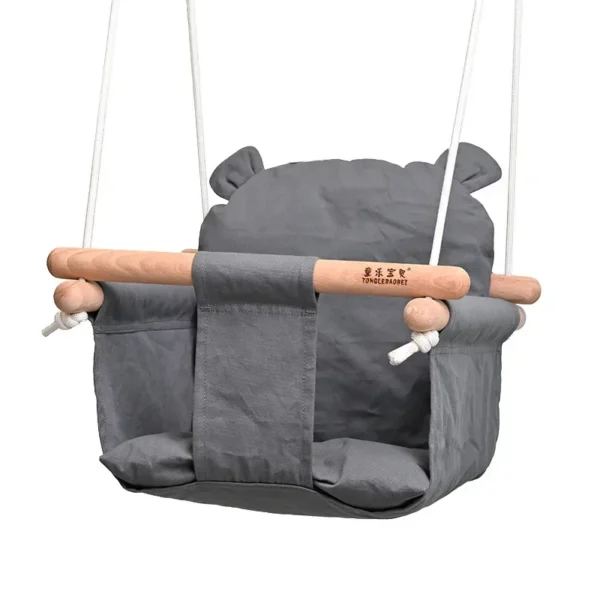 Beige Canvas Baby Swing Chair with Wooden Frame - Image 4