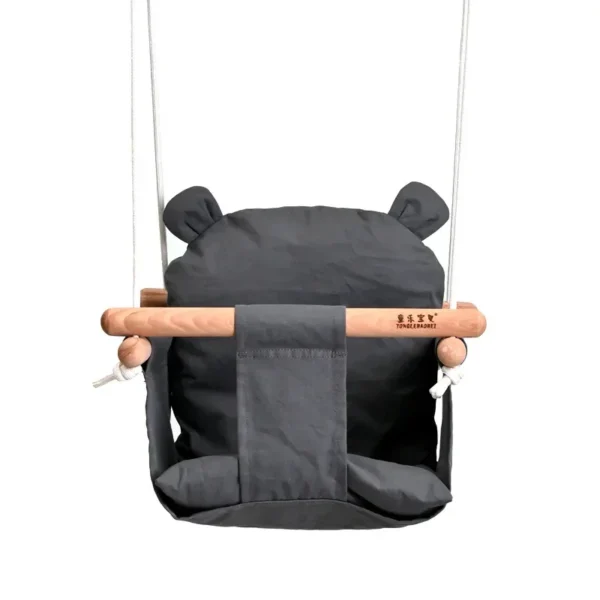 Beige Canvas Baby Swing Chair with Wooden Frame - Image 2