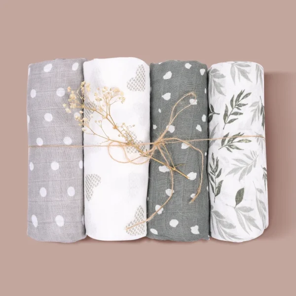 4PCS Baby Muslin Swaddle Blanket Set – Soft Cotton & Bamboo - Image 9