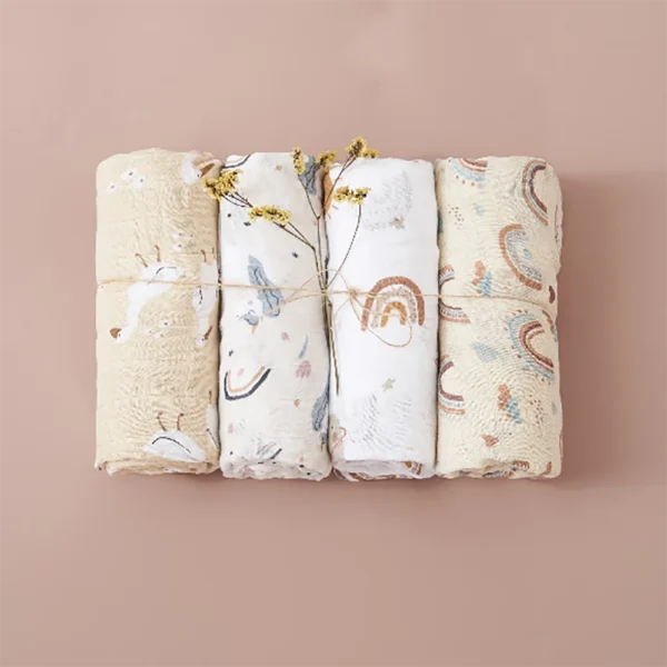 4PCS Baby Muslin Swaddle Blanket Set – Soft Cotton & Bamboo - Image 2