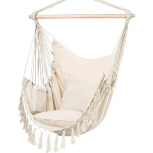 Macrame Hanging Chair with Pillows – 500lb Cotton Swing